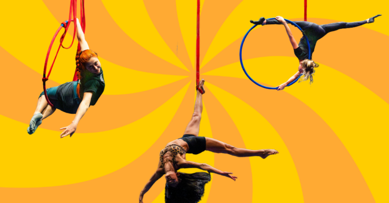 Collage of three Ringling aerialists