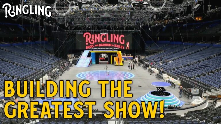 Caption: Ringling - building the greatest show - and image of the arena under construction