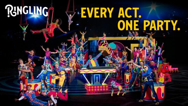 Ringling cast on stage with the caption: Every act. One party.