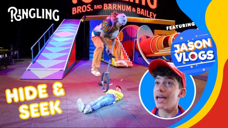 Graphic with Jason Vlogs and Ringling performers with the caption: Ringling - Jason Vlogs - Hide & Seek