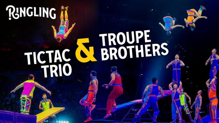 Graphic with Ringling performers on stage and the caption: Ringling Tic Tac Trio & Troupe Brothers