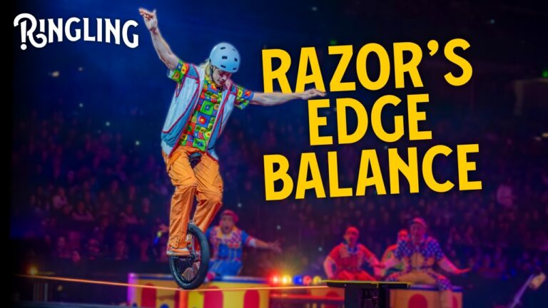 Unicyclist on stage with caption: Ringling - Razor's Edge Balance