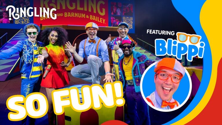 Graphic with Ringling performers and Blippi and caption 