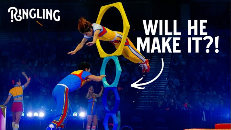 Photo of Ringling performers jumping through hoops with the caption: Will he make it?